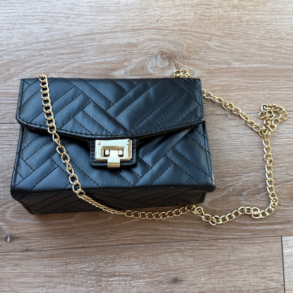 Black Quilted Crossbody Bag with Gold Chain